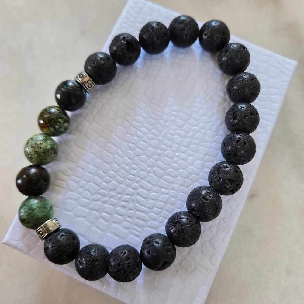 New Aftican Turquoise And Lava Natural Stone Gemstone Bracelet 10 mm